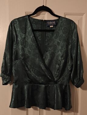 Collectif Vintage Emerald Paisley Satin Blouse UK 14